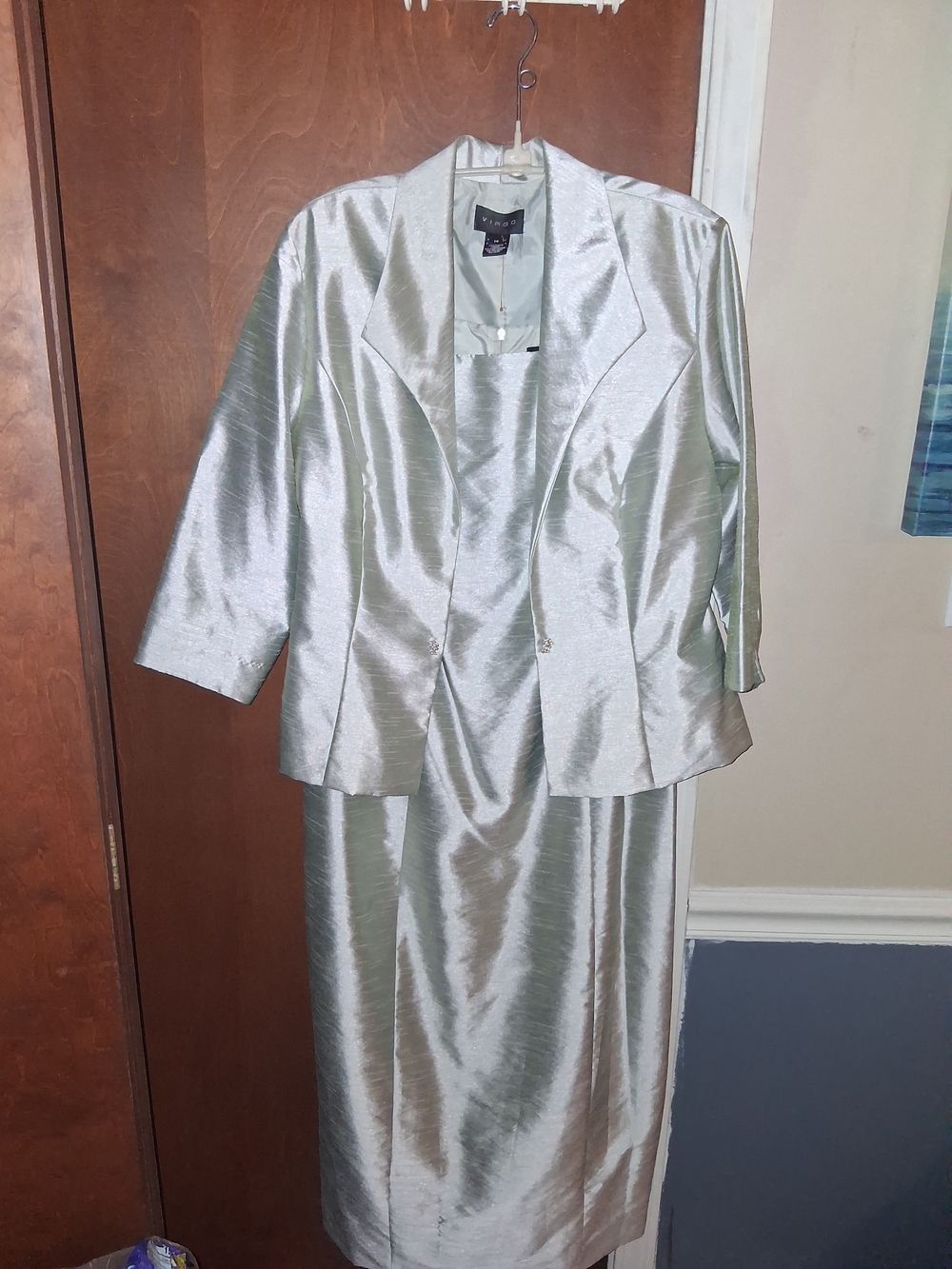 Virgo Silver Satin Blazer and Sheath Dress Set